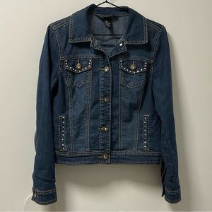 Blingy Baccini Rhinestone Slight Stretch Button Down Blue Jean Jacket!